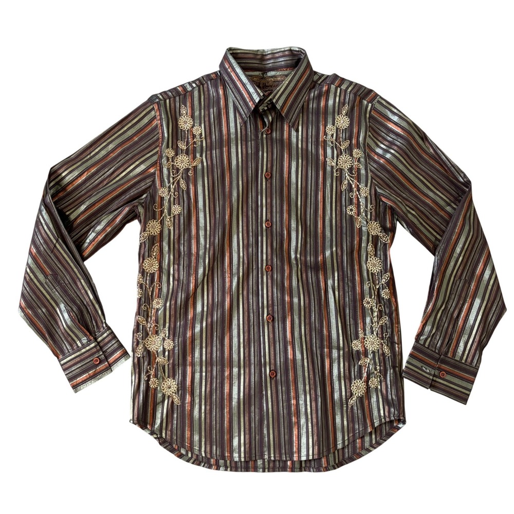 Apricottree Shiny Floral Embroidered Floral Button Up Shirt Men's Sz L Striped